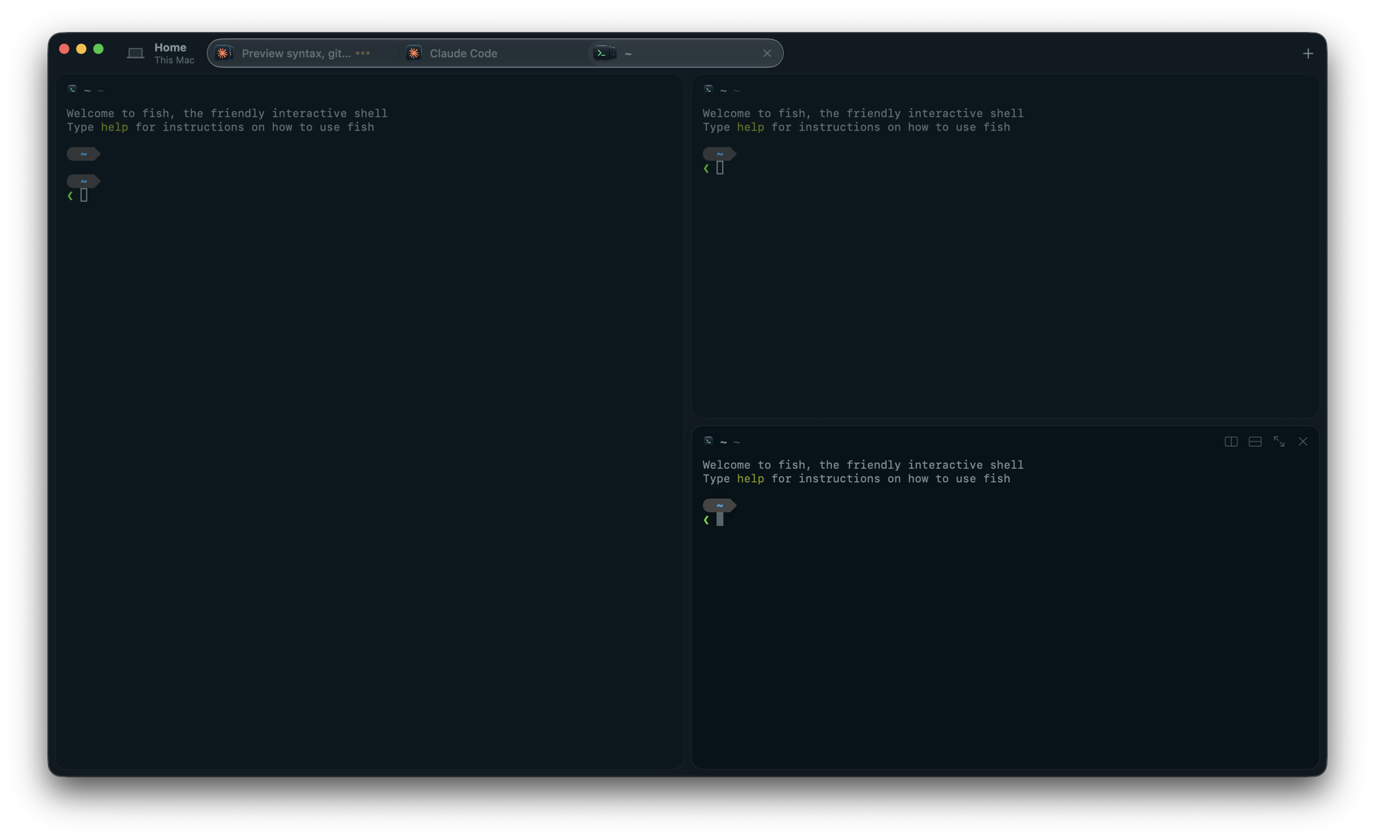 The Zurafa window: a tab bar with Claude Code and shell tabs above three split terminal panes running fish.